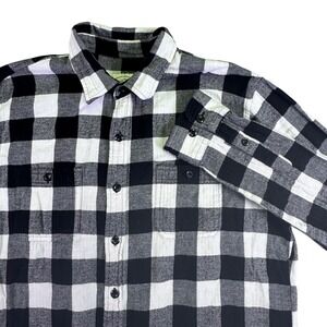 True Craft Mens Buffalo Plaid Flannel Shirt Black White Herringbone Cotton L